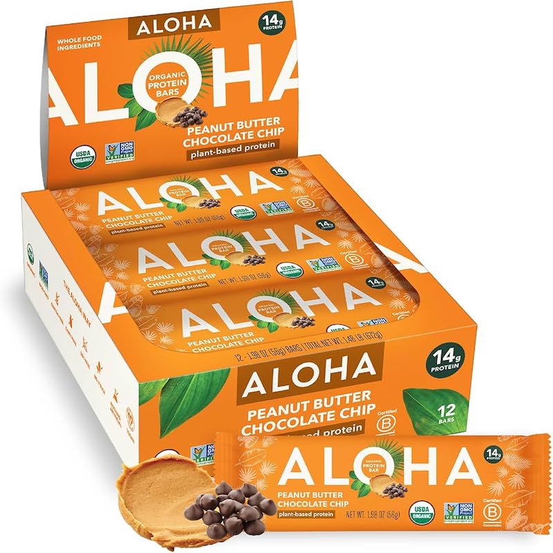ALOHA Organic Plant-Based Protein Bars |Peanut Butter Chocolate Chip | 1.98 Oz (Pack of 12) | Vegan, Low Sugar, Gluten Free, Paleo, Low Carb, Non-GMO, Stevia Free, Soy Free, No Sugar Alcohols